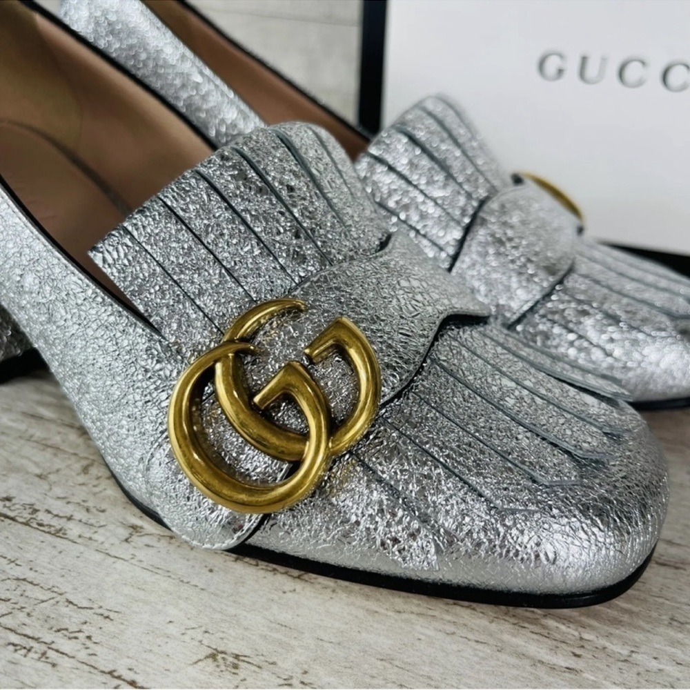 Gucci NEW Size 34 Metallic Silver Marmont GG Fringe Mid Heel Loafer Shoe Pump - Picture 5 of 14